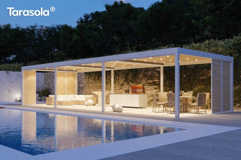 Tarasola Technic Pro Pergola in Weiß neben einem Swimmingpool